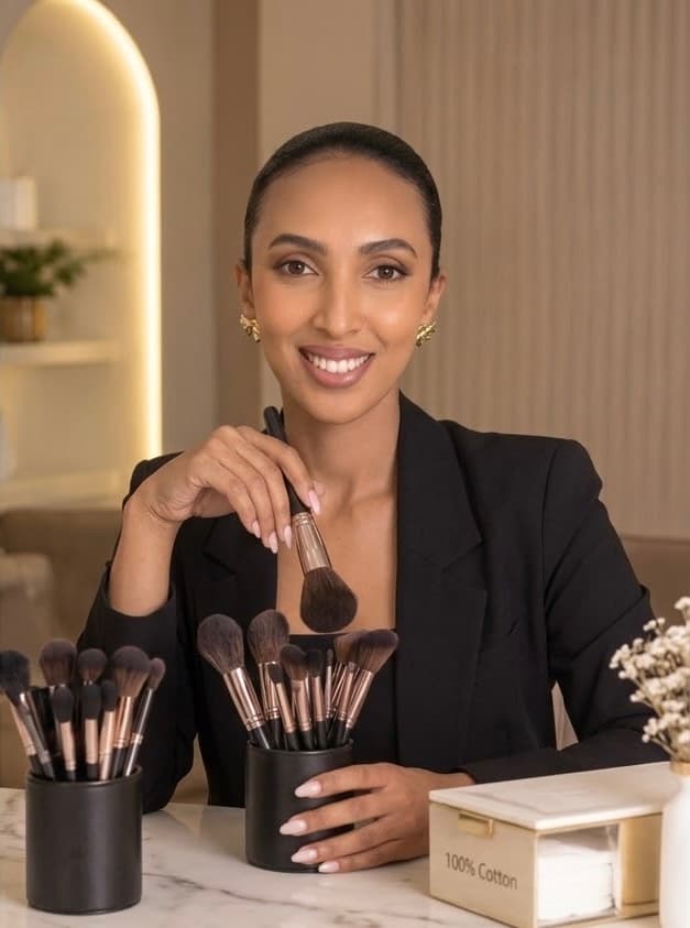 Betsega Laytsega at her studio, holding a makeup brush