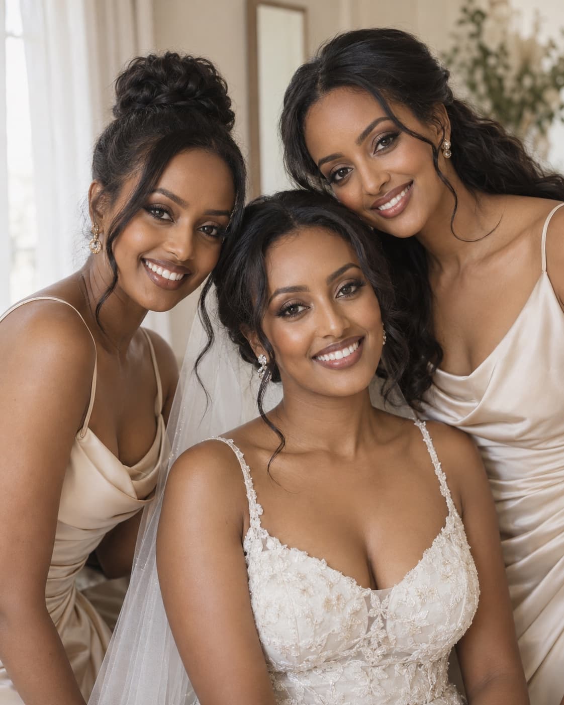 Bride with two bridesmaids, smiling together