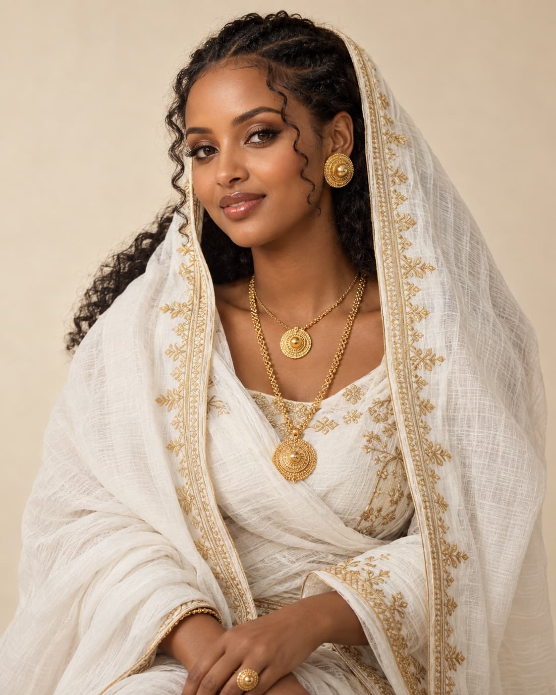 Habesha traditional look with netela and gold jewellery