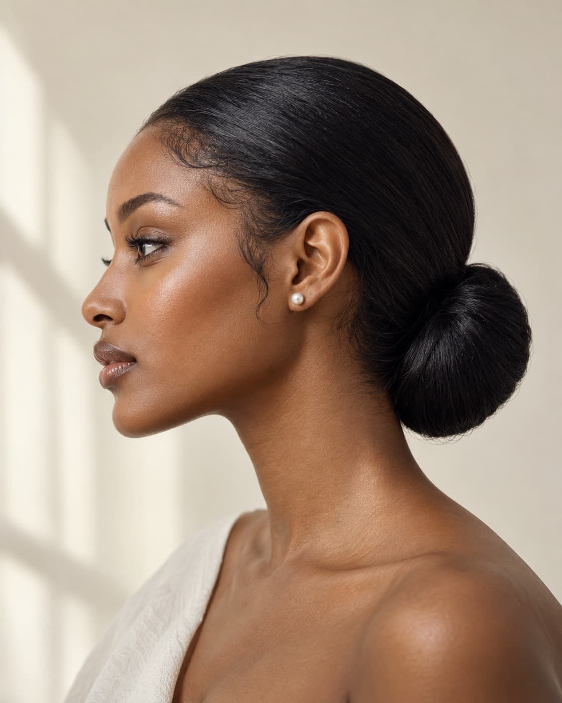Sleek low bun, side profile